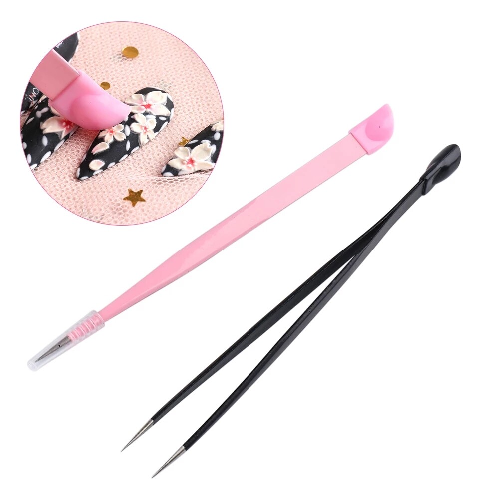 2Heads Nail Tweezers Silicone Pressing Head 3D Nail Stickers Pick Up Rhinestones Clip Eyelash Extension Makeup Tools