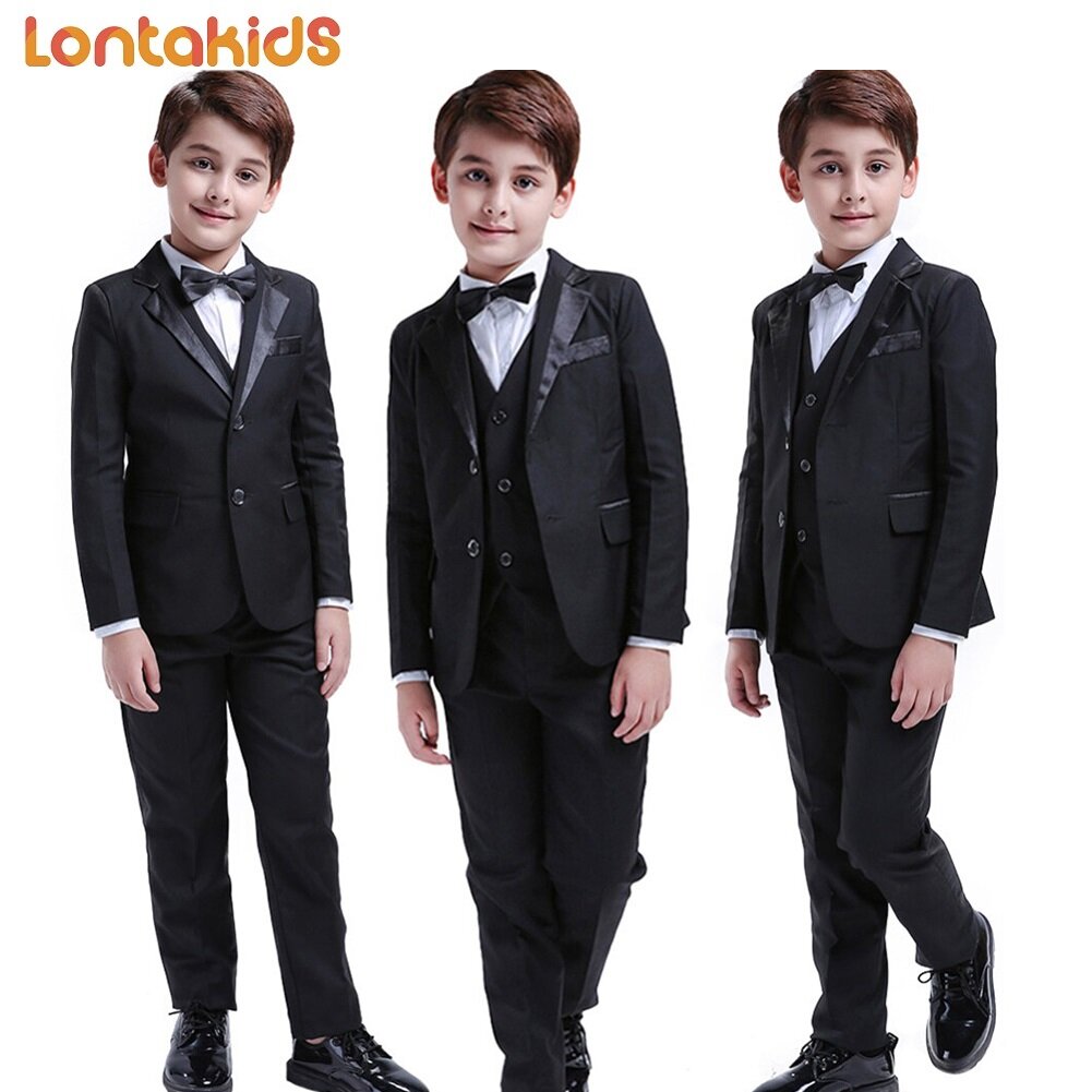 lontakids 6Pcs Kids Boy Suit Black Tuxedo Wedding Birthday Party Formal Attire (Blazer+Vest+White Shirt+Pants+Bow tie+Suspenders) Gentleman Outfit Clothes Set for Prom and Piano Performance