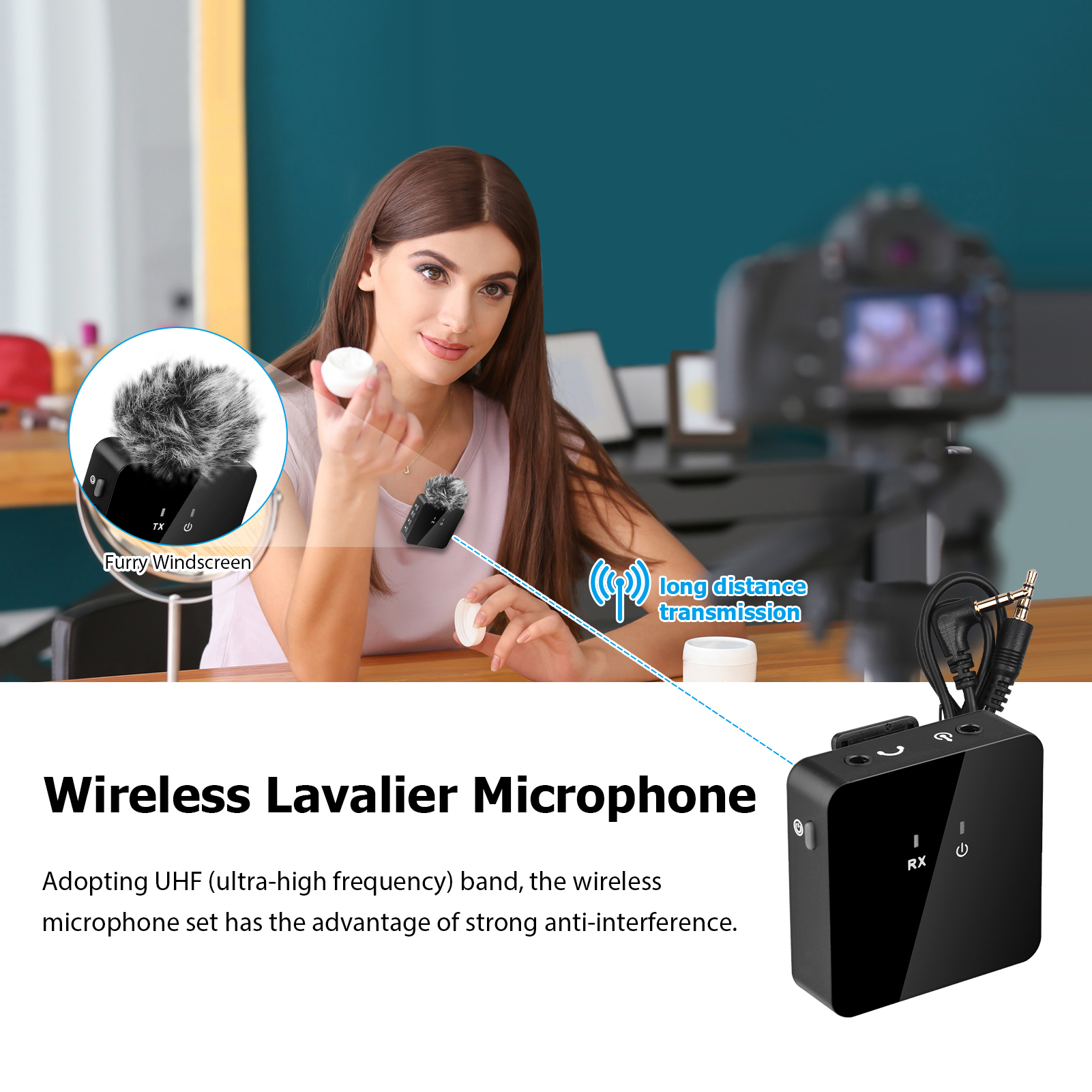 Wireless Lavalier Microphone UHF Wireless Lavalier Mic 2 Transmitters and Receiver with Clip Rechargeable Microphone with Windscreen for Interview Live Show Vlog Shooting Teaching Meeting Speech (Type 2)