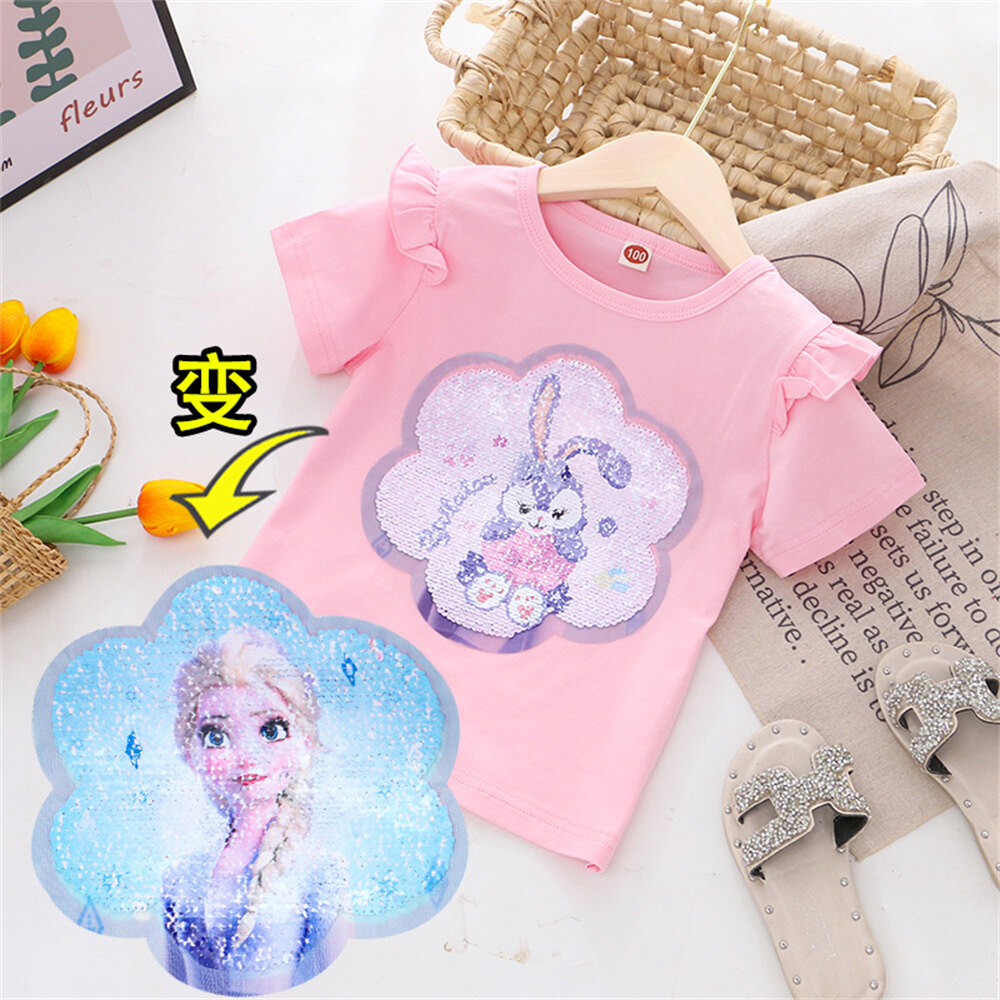 AISAMEFE 2023 Children Summer New Girls Short Sleeve T-shirt Girls' Colorful Sequin Top StellaLou Princess Transforms into Each Other