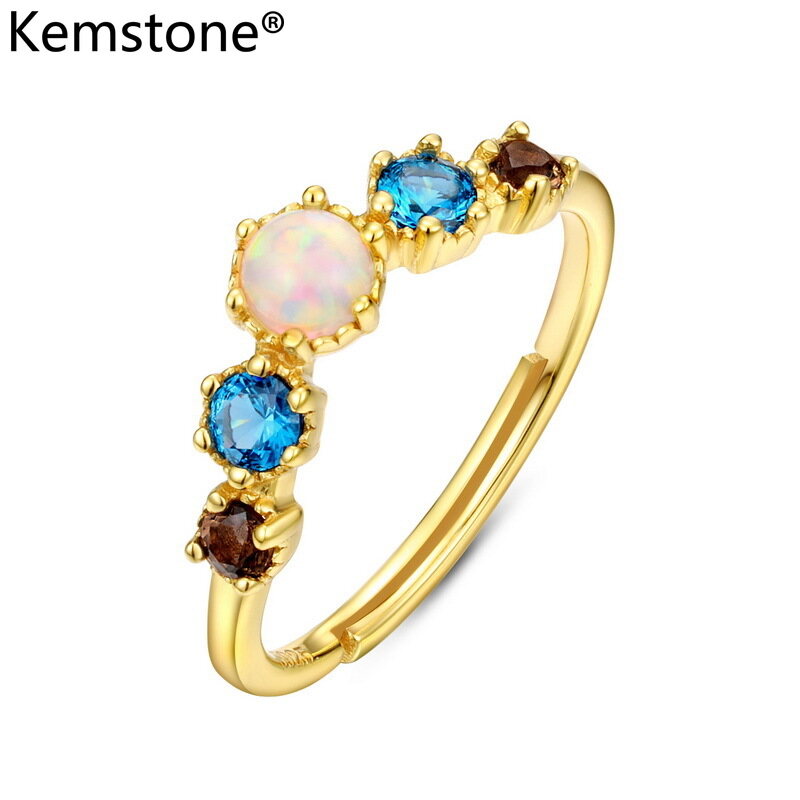 Kemstone Fshion S925 Silver Gold Plated Crystal Opal Adjustable Ring for Women