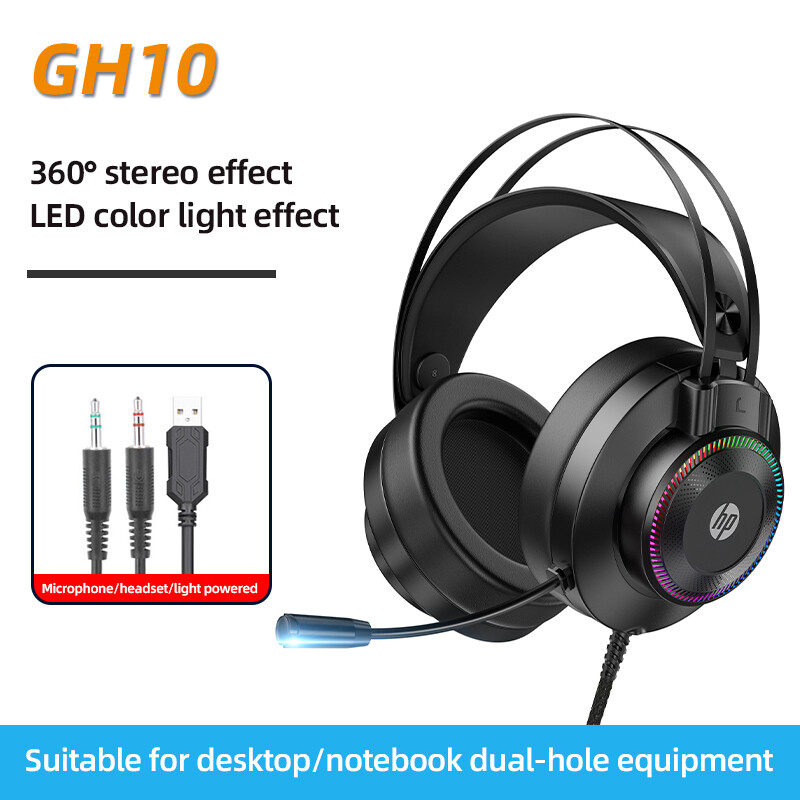 HP Wired Gaming Headset - Noise-cancelling Stereo Sound Effect LED Light Effect GH10 / 3.5mm*2+USB Plug