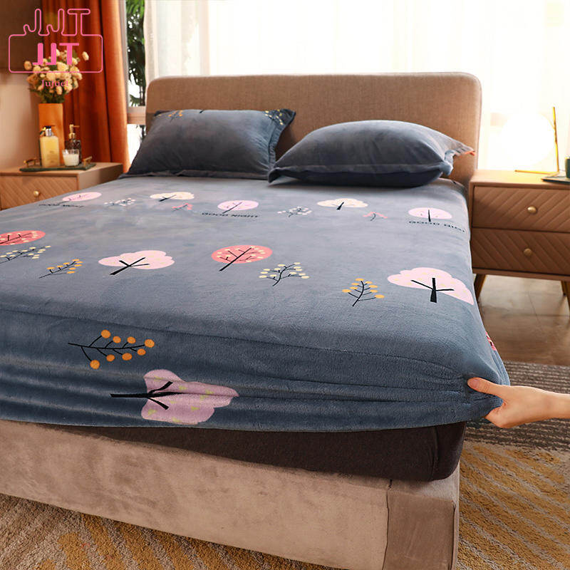 【JJT】Bed Cover With Elastic Bed Sheet Queen Size Gray Color Flannel Fitted Sheets Four Corners With Elastic Band