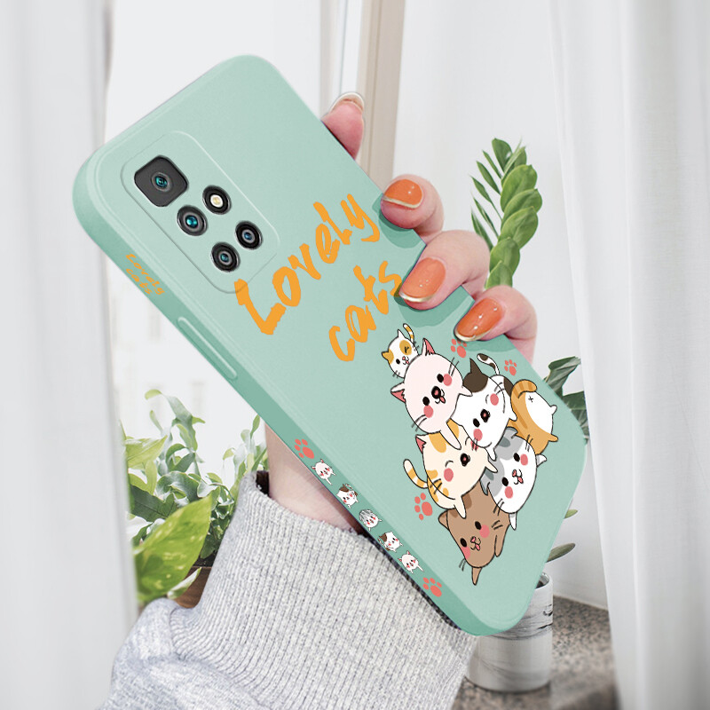 Jizetin Casing For Xiaomi Redmi 10 Casing Redmi 10 Prime Case HP Cartoon Lovely Cat Animals Print Side Design Girls Phone Case Square Edge Pattern Silicone Casing Full Cover Shockproof Case