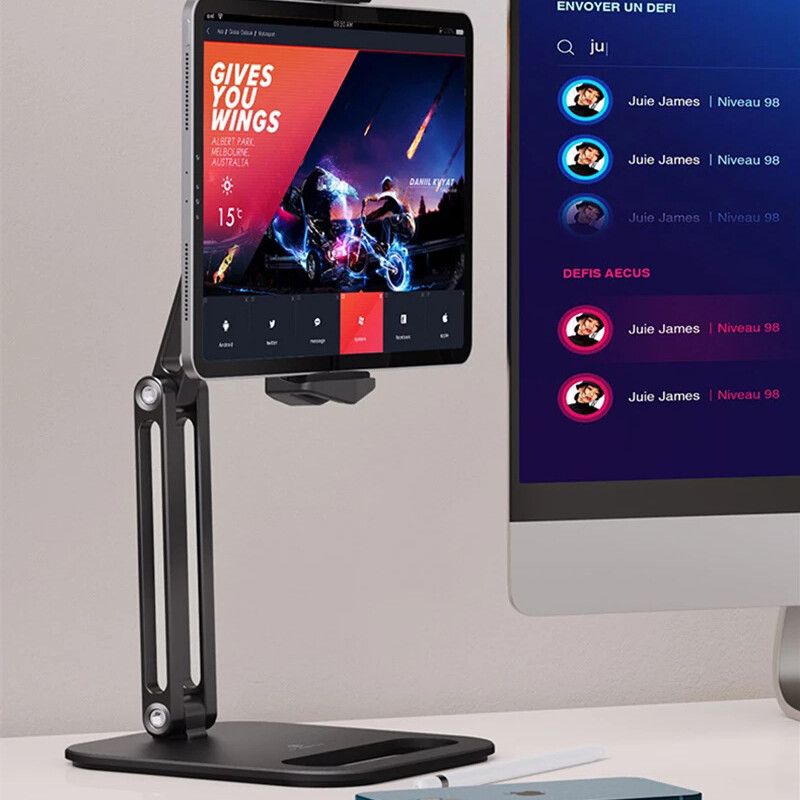 JDB Foldable Tablet Stand Three Shaft Design Bracket Multi Angle Adjustable Tablet Support Desktop Aluminum Hands Free Cell Phone Holder for iPhone iPad Air Mini Pro 4-13 inch