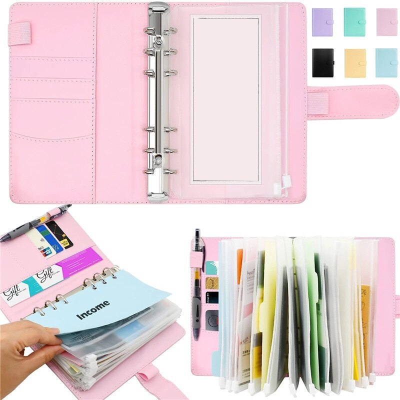 A6 PU Leather Notebook Binder Budget Planner Organizer Cover Pockets Sheets with Cash Envelope Money Saving Binder