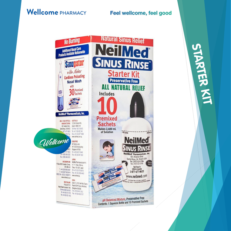 Neilmed Sinus Rinse Starter Kit One Squeeze Bottle with 10 Premixed