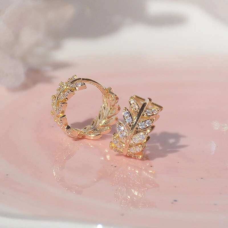 Yuki's  Hot Sale Exquisite Gold Leaves Circle Women Earring for women 14k Real Gold AAA cz Temperament Buckle Earrings Birthday Gift