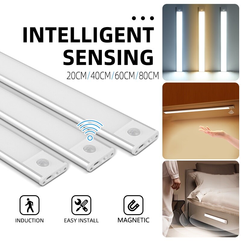 LED Night Light  Type-c Rechargeable Body Sensor Cabinet Light Wireless Kitchen Closet Light Indoor Lighting Bedroom Bedside Dorm Room Lamp