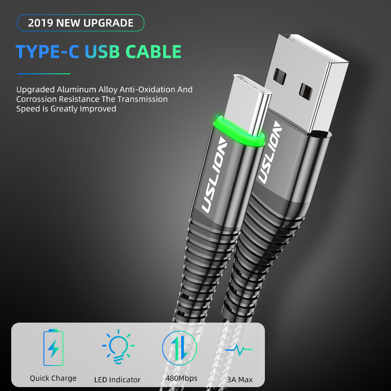 Mới Loại-C cáp với ánh sáng màu xanh lá cây cho TypeC Android 3.0A sạc nhanh cáp dữ liệu điện thoại di động