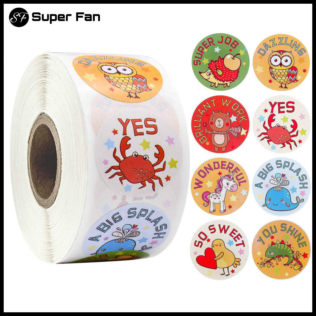 (Super Fan) 500 Pcs/roll Cartoon Animals Stickers Reward Teacher Student Stationery Sticker