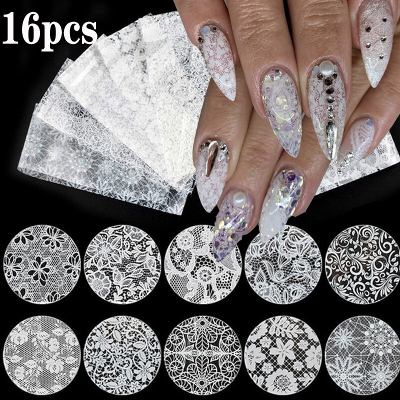 16 Sheet Black / White Lace Flower Nails Sticker White Star Transfer Nail Foil Adhesive Manicure Nail Stickers Designer Art Decoration