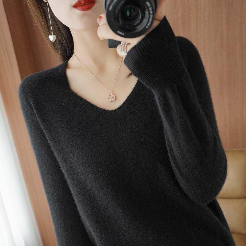Korean Ins Solid Color Sweater Women's V-neck Bottoming Sweater Casual Short Sweater