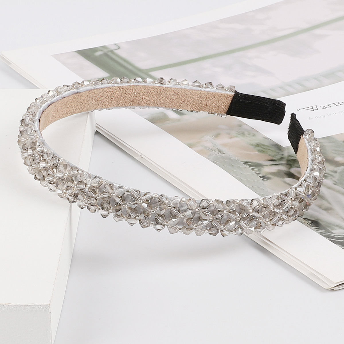 1PC Solid Color Luxury Rhinestone Wide Side Headband Women Beads Bezel Hair Hoop Korea Hairband Bride Hair Accessories