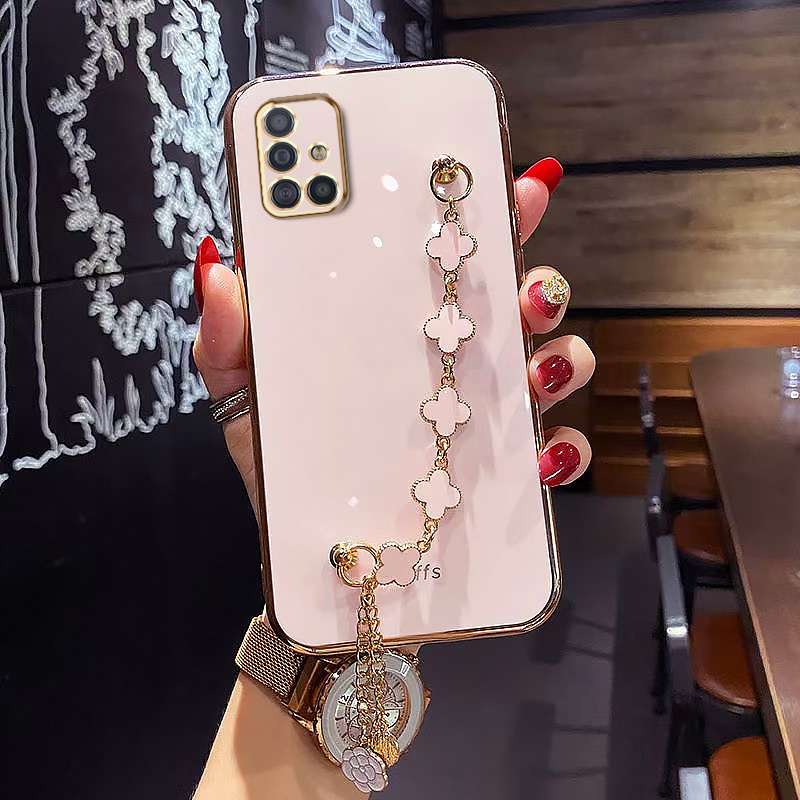 AnDyH Straight Edge Plating Phone case For Samsung Galaxy A51 casing,Precise Camera Protection cases Cute girl style cover with Four leaf clover bracelet