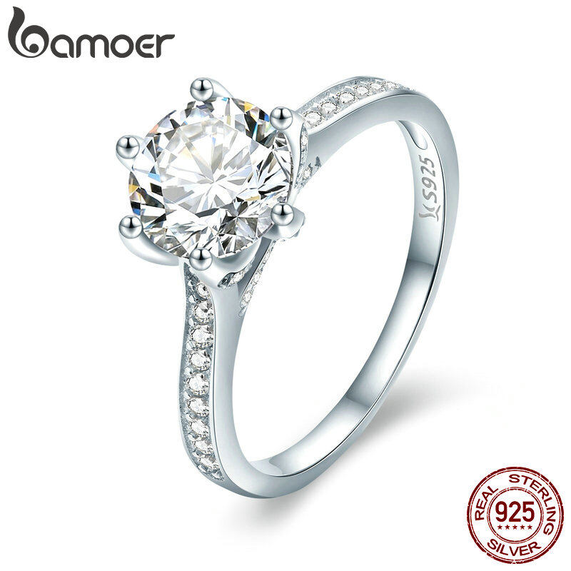 BAMOER Free Shpping High Quality 925 Sterling Silver Wedding JUNE Ring Princess Square CZ Finger Rings for Women Silver Engagement Jewelry SCR342