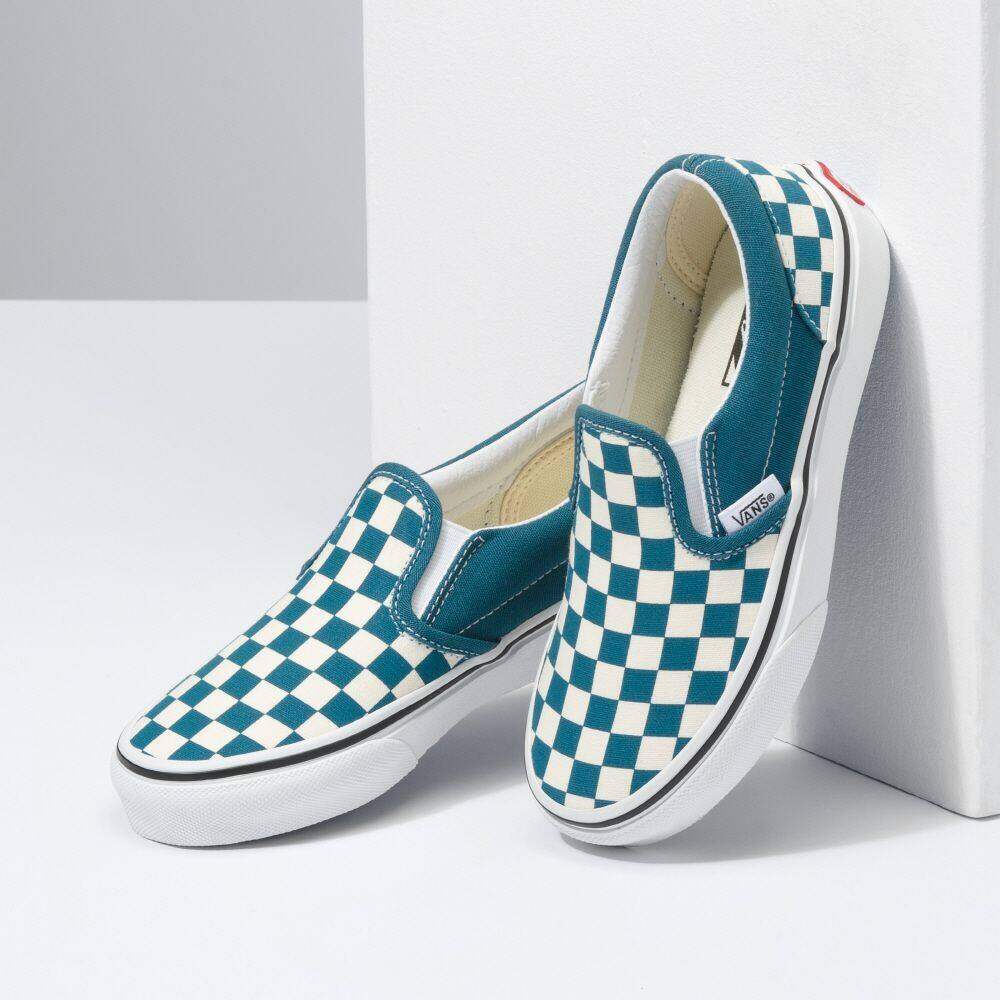 teal checkered slip on vans