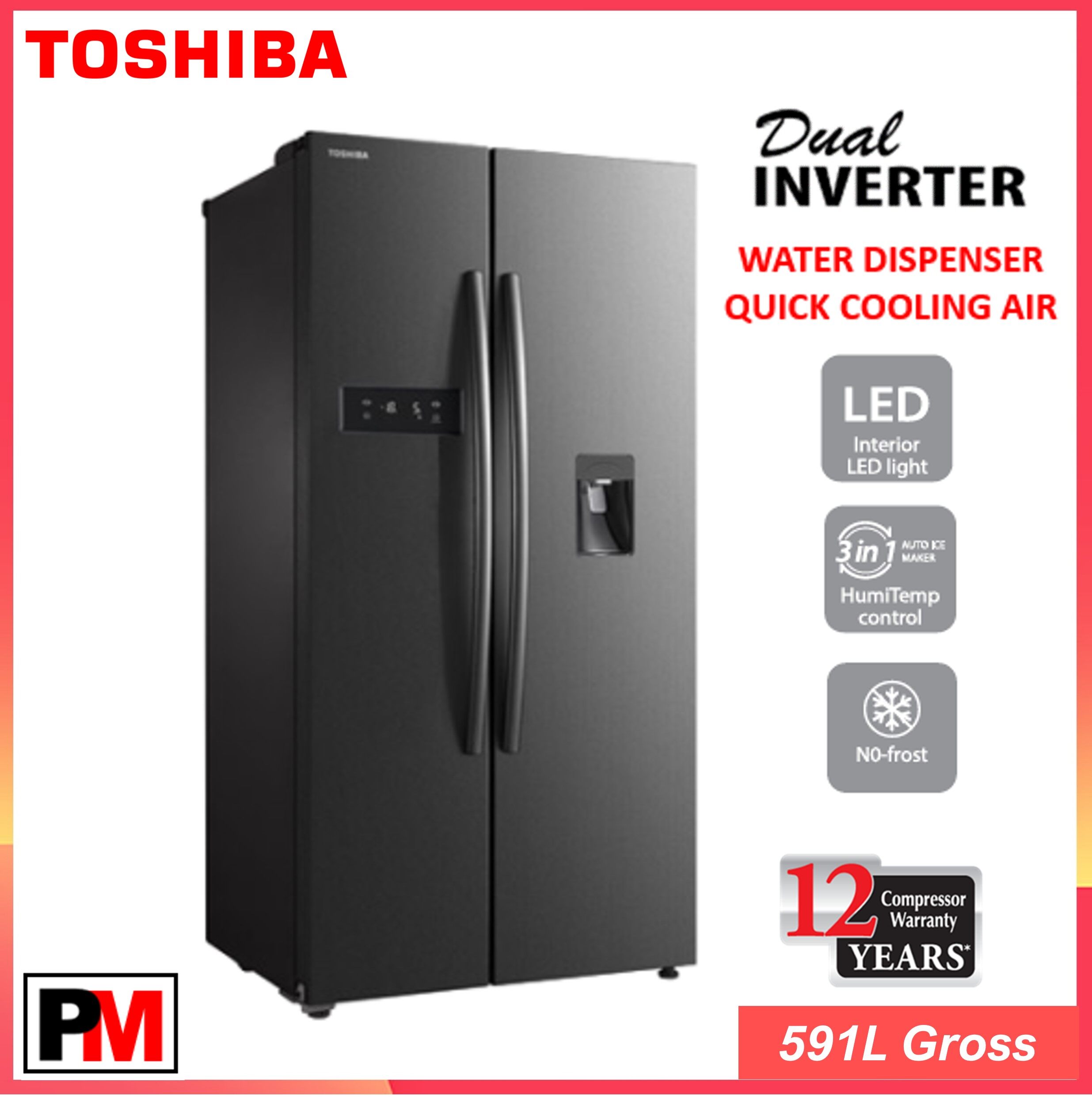 Toshiba Refrigerator (591L) Dual Inverter Side By Side Fridge GR