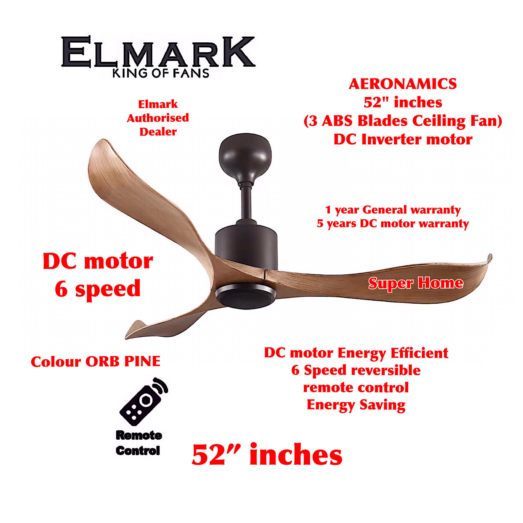Elmark Remote Control Ceiling Fan DC Motor 52 inches Ceiling Fan