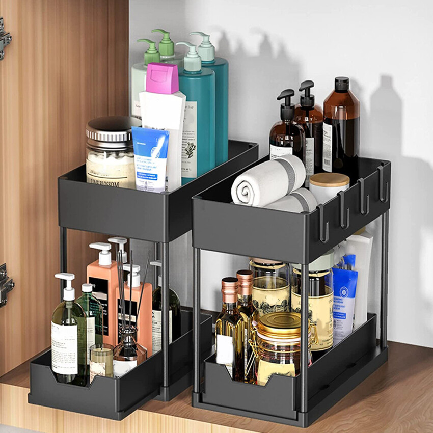 2 Tier Under Sink Storage Organizer Sliding Drawer Multipurpose Rack Cabinet Under Sink Storage Rack Bathroom Kitchen Organizer