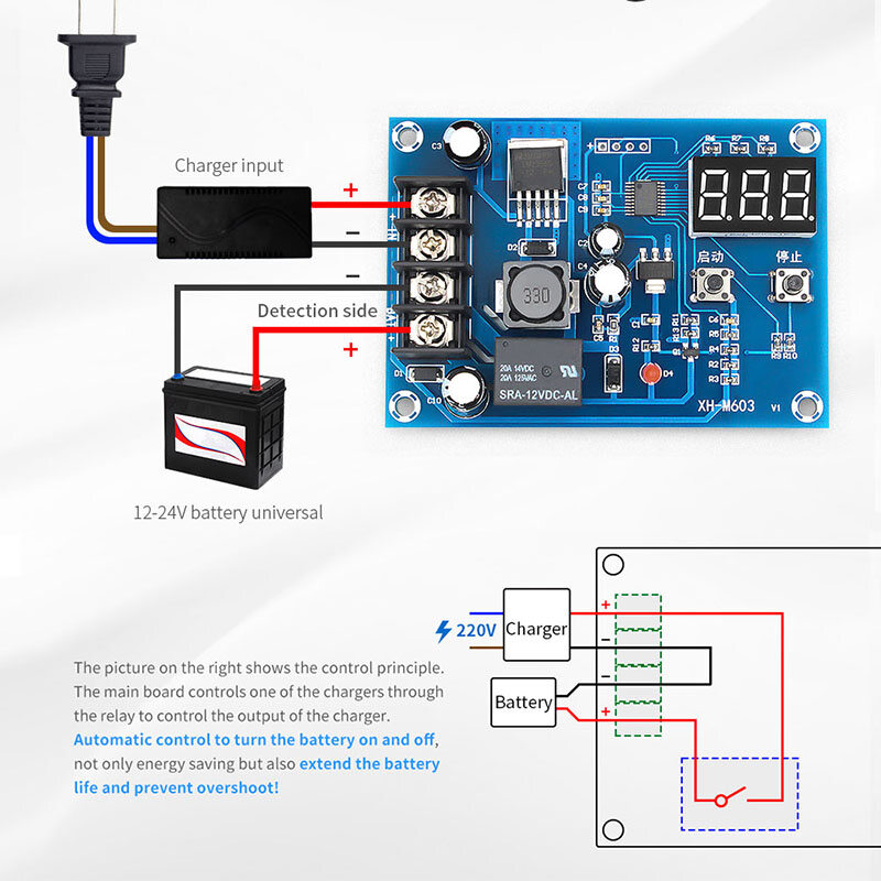 XH-M603 sạc mô-đun điều khiển màn hình đèn LED kỹ thuật số lưu trữ Bộ Sạc Pin Lithium mạch bảo vệ công tắc điều khiển 12-24V