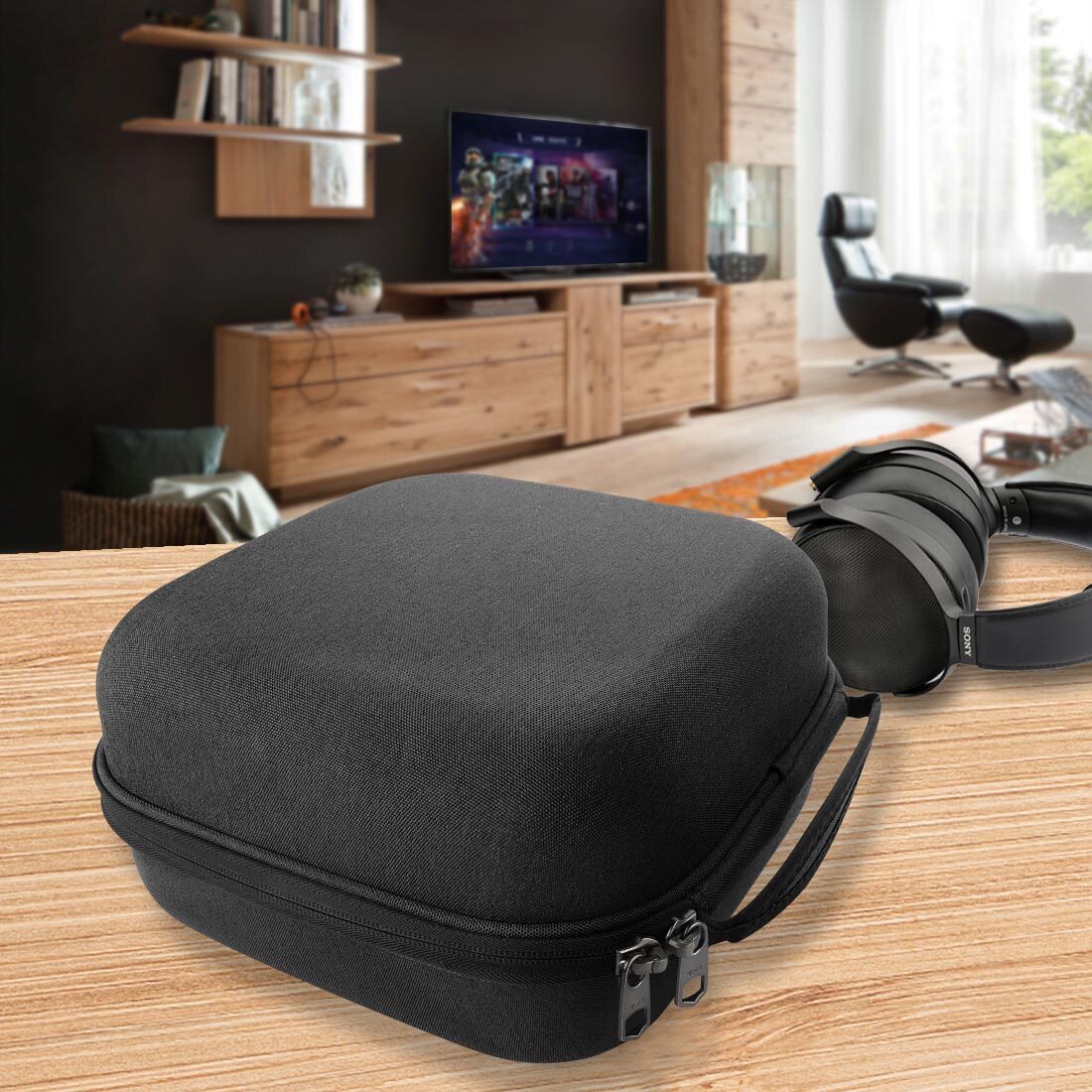 Geekria Shield Case For Large-Sized Over-Ear Headphones, Replacement Hard Shell Travel Carrying Bag With Cable Storage, Compatible With Audio-Technica, Denon, SONY Headsets (Black
