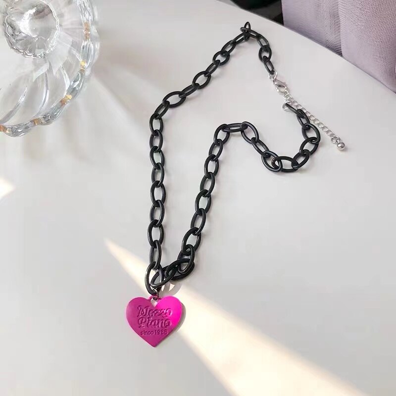 FJSL Fashion Color Heart Necklace Women Hip-hop Style Couple Necklaces Lettering Pendant Hollow Chain