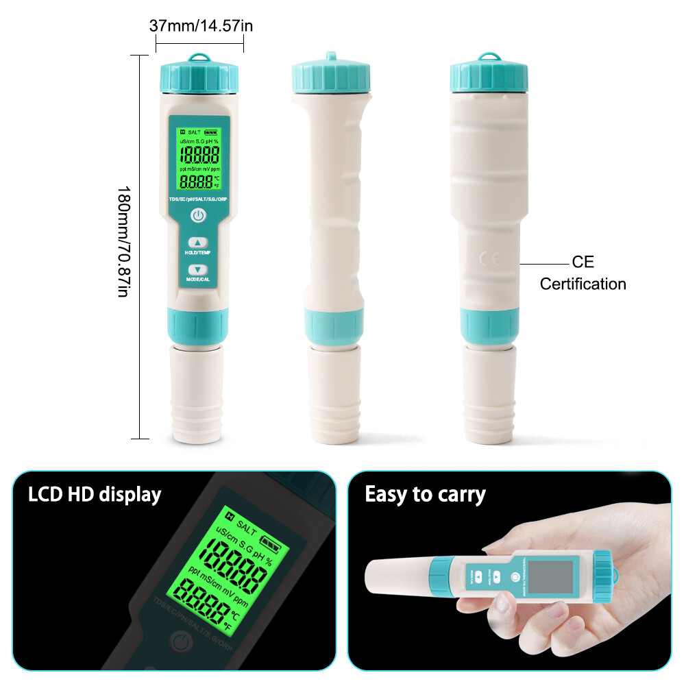 Yieryi pH Meter 7 in 1 PH/EC/TDS/Salinity/S.G/ORP/Temperature Water Quality Meter Hydroponics Tester IP67 Waterproof for Drinking Water, Aquarium