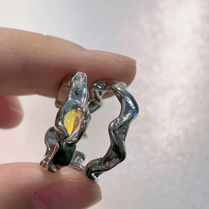 2pcs Moonstone không đều vòng lượn sóng vòng hình học cho nam giới và phụ nữ linh hoạt mở điều chỉnh trang sức nhẫn đôi Quà Tặng