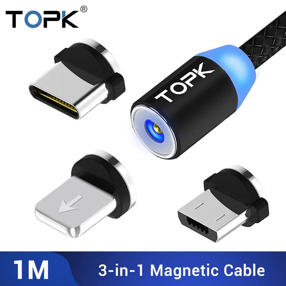 Topk AM17 Usb Mikro Magnetik Kabel 8-Pin Tipe-C 3in1 Pengisi Daya Android Kabel untuk Samsung Galaxy S6 S7 Edge S8 S9 Xiaomi 8 Redmi Note 4 OPPO F9 R9 Vivo X20 Y71 iPhone X XS XR 6 7 8 PLUS Huawei P10 LED Tahan Lama Nilon Dikepang Microcable-Intl