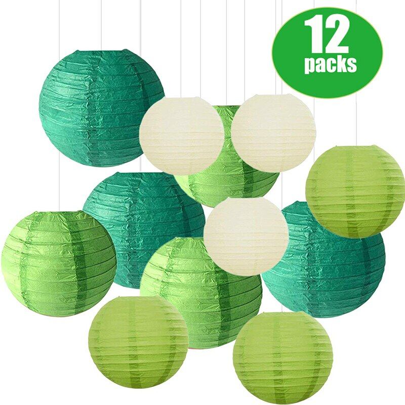 12 Pcs/Set Paper Lantern With Assorted Sizes Round Mix Colors Green Beige Chinese Paper Lampion Wedding Party Hanging Decor