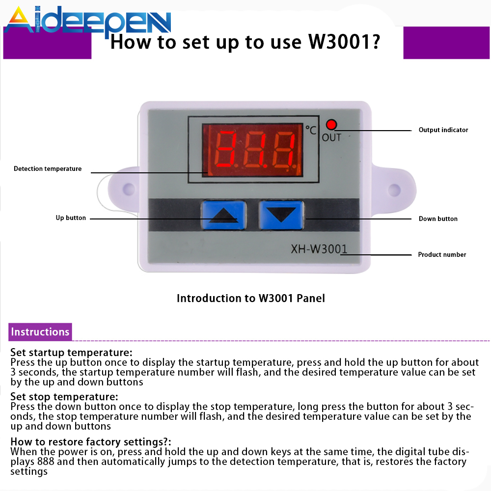 Aideepen XH-W3001 Microcomputer Digital Temperature Controller Thermostat Intelligent Electronic Temperature Control Switch Digital Display 12/24/220V