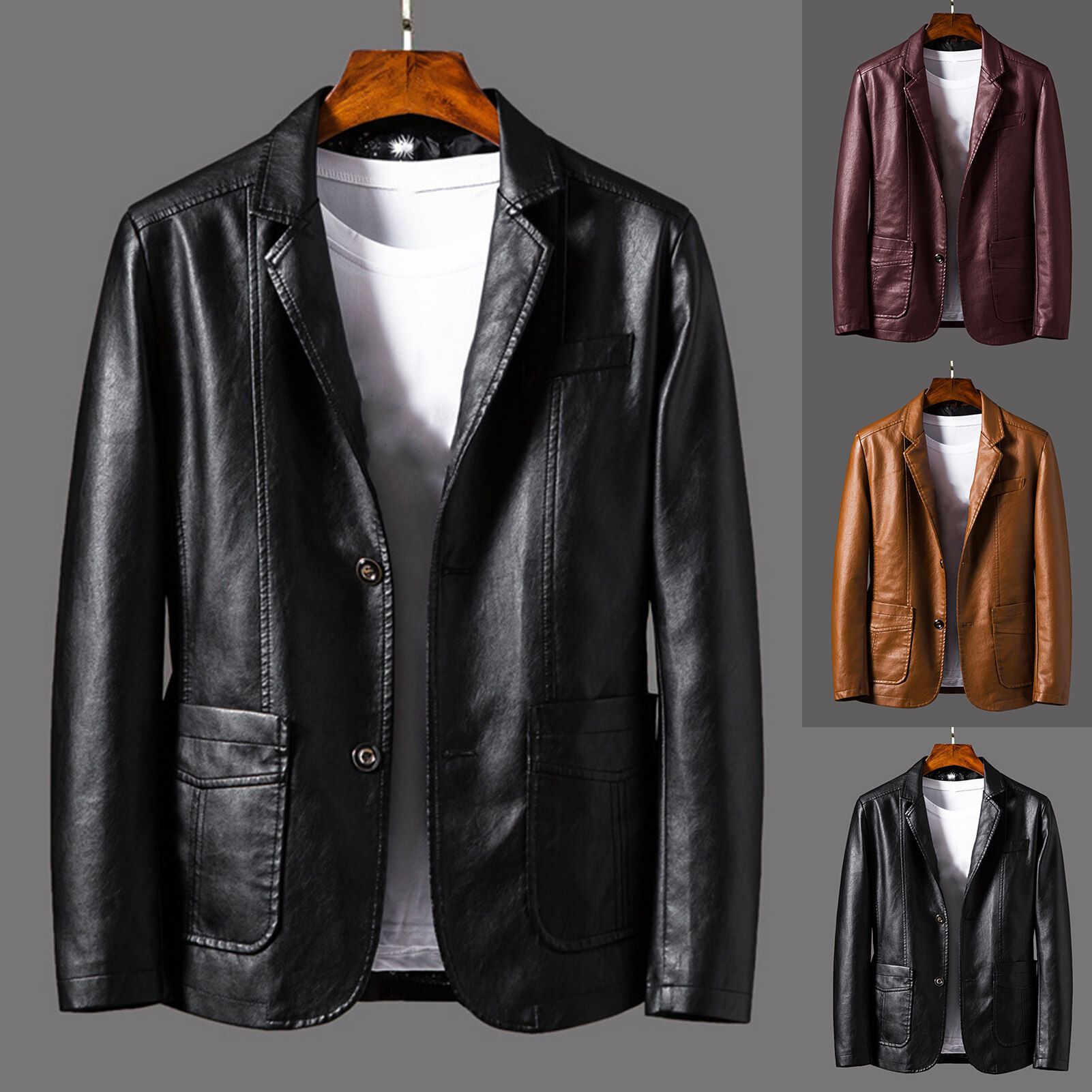 wenchengbo®Suit Coat Faux Leather Turn-down Collar Cardigan Solid Color Men Formal Jacket for Meeting