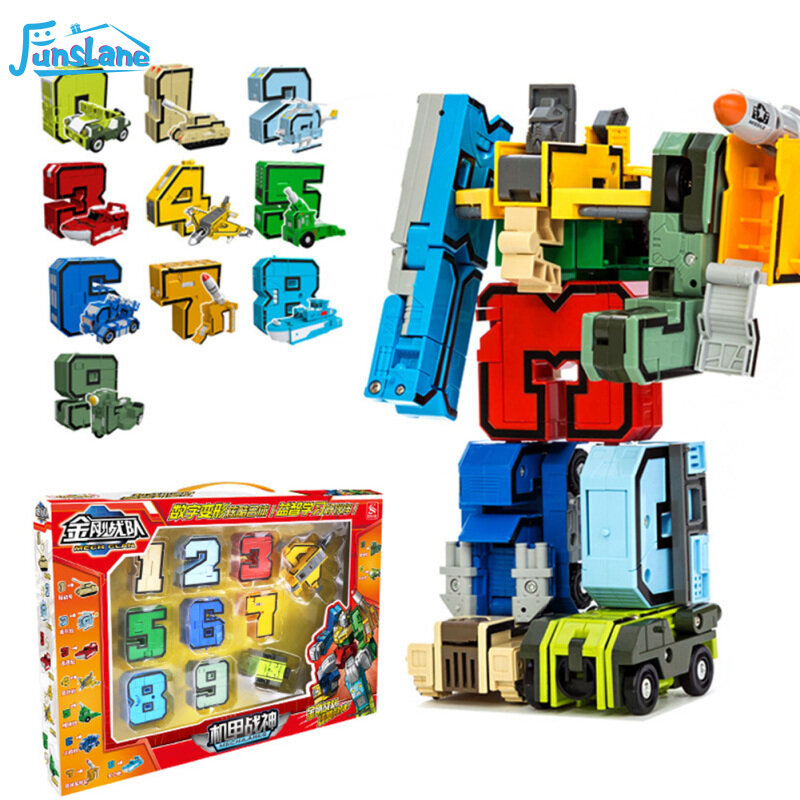 FunsLane 10 ชิ้น 0-9 หุ่นยนต์ปริศนา Creative Assembling Building Block Puzzle ดิจิตอลตุ๊กตาแปลงสภาพหุ่นยนต์เปลี่ยนเครื่องบินรถเด็กของขวัญของเล่นเพื่อการศึกษา Building Block Assembling Action ของเล่นรุ่น