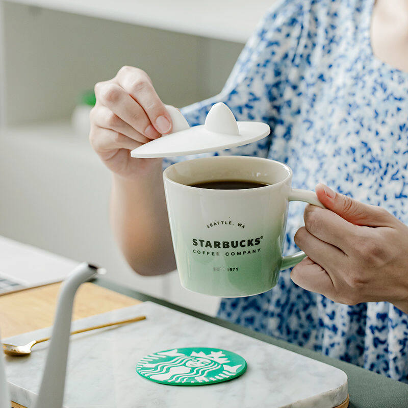 Cốc Gốm Starbuck Cốc Màu Xanh Lá Macaron Chuyển Màu 345Ml Có Thìa Nắp Cốc Để Bàn, Cốc Nước