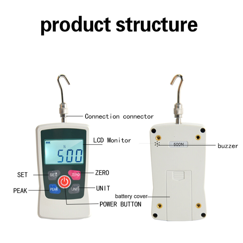 Smart Sensor Digital Force Gauge 500N/ 50kg/ 110Lb/ 1760oz Portable Push Pull Force Meter Unit Switchable Backlit Mini Dynamometer with 6 Fixture Heads, Storage Case, Auto Power off