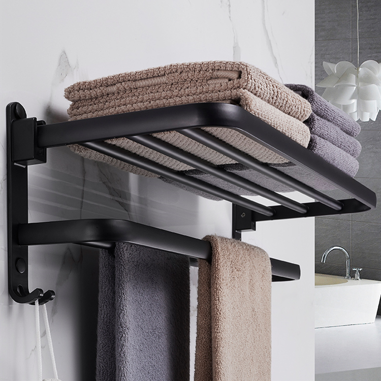 Foldable 2 Layers Towel Bathroom Accessories Black Aluminum Alloy Anodizing Towel Racks Towel Shelves 40 50 60 70 80cm Rack Wall Mounted Rack Towel Shelf Hanger Towel Rack Free Punched Bathroom Toilet Storage Shelf Bath Towel Rack
