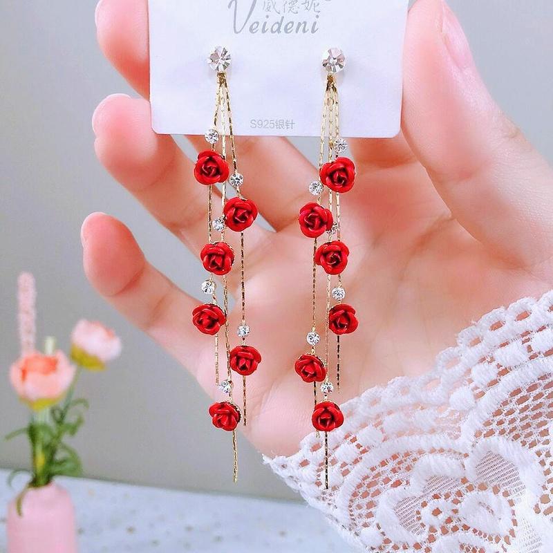 Exquisite Ladies Rose Pendant Long Tassel Earrings Zircon Earrings for women