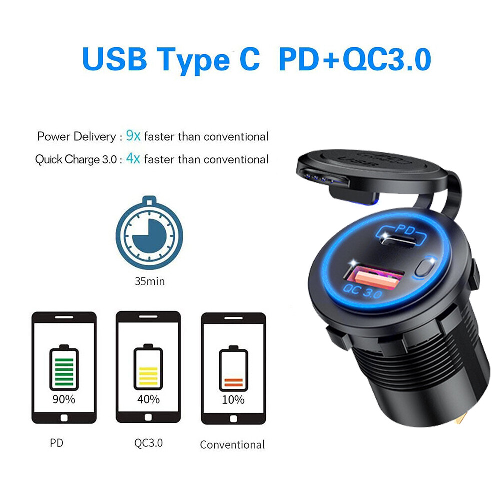12V/24V 60W Quick Charge Car Charger QC3.0 USB+PD Type C Socket Voltmeter Power Adapter for Motorcycle