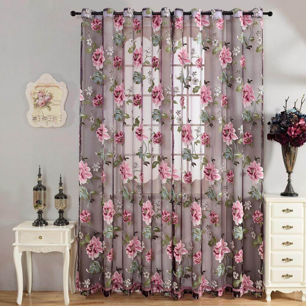 Demeis Curtain Window Door Drapes Peony Floral Curtains with Holes Beads Bedroom Living Room 100cm x200cm 100cm x 250cm