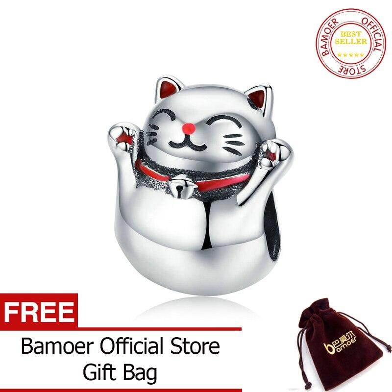 BAMOER 925 Silver Cat Metal Charm Lucky Guardian Maneki Neko Metal Beads for Women Charm Bracelets Bangles DIY Jewelry SCC1178