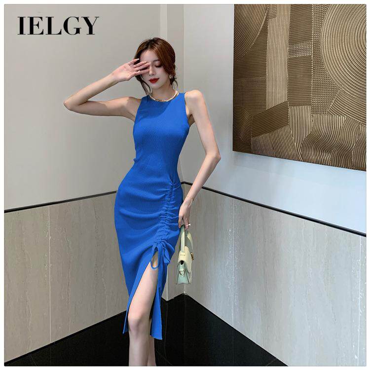 IELGY Sleeveless Crinkled Knit Women's One-Shoulder Design Slit Dress
