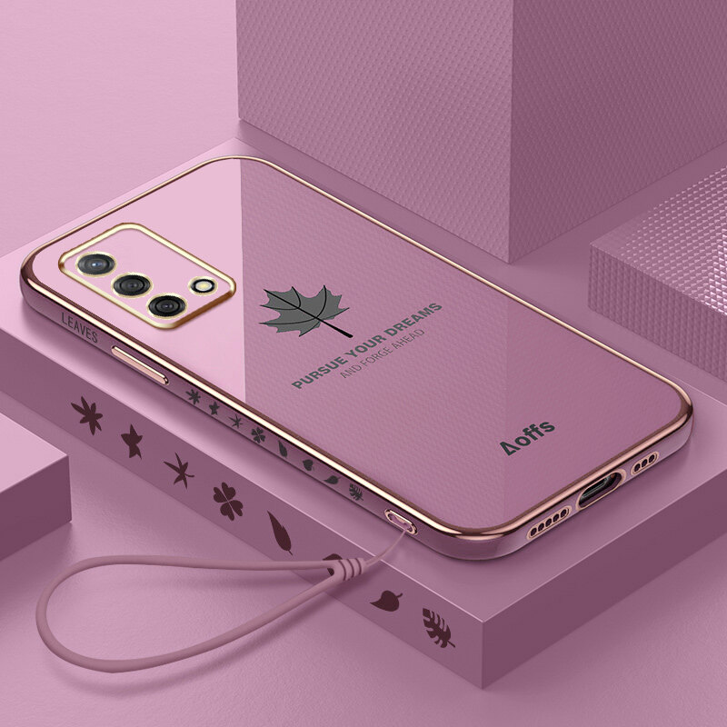 YBD Straight Edge Plating Phone case For OPPO A74 F19 casing, Precise Camera Protection case Maple leaf pattern cover with Free lanyard