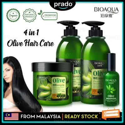 PRADO Malaysia 100% ORIGINAL BIOAQUA 4pcs Silky Smooth Olive Oil 4 Steps Hair Shampoo & Moisture Hair Mask & Essential Oil & Conditioner Treatment Set