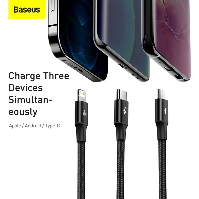 Baseus 1.5Meter Cáp USB Loại C 3 Trong 1 PD 20W, Cáp Sạc Nhanh Cho iPhone 13 Pro Max Dây Dữ Liệu Micro USB Cho Xiaomi Redmi Samsung S21