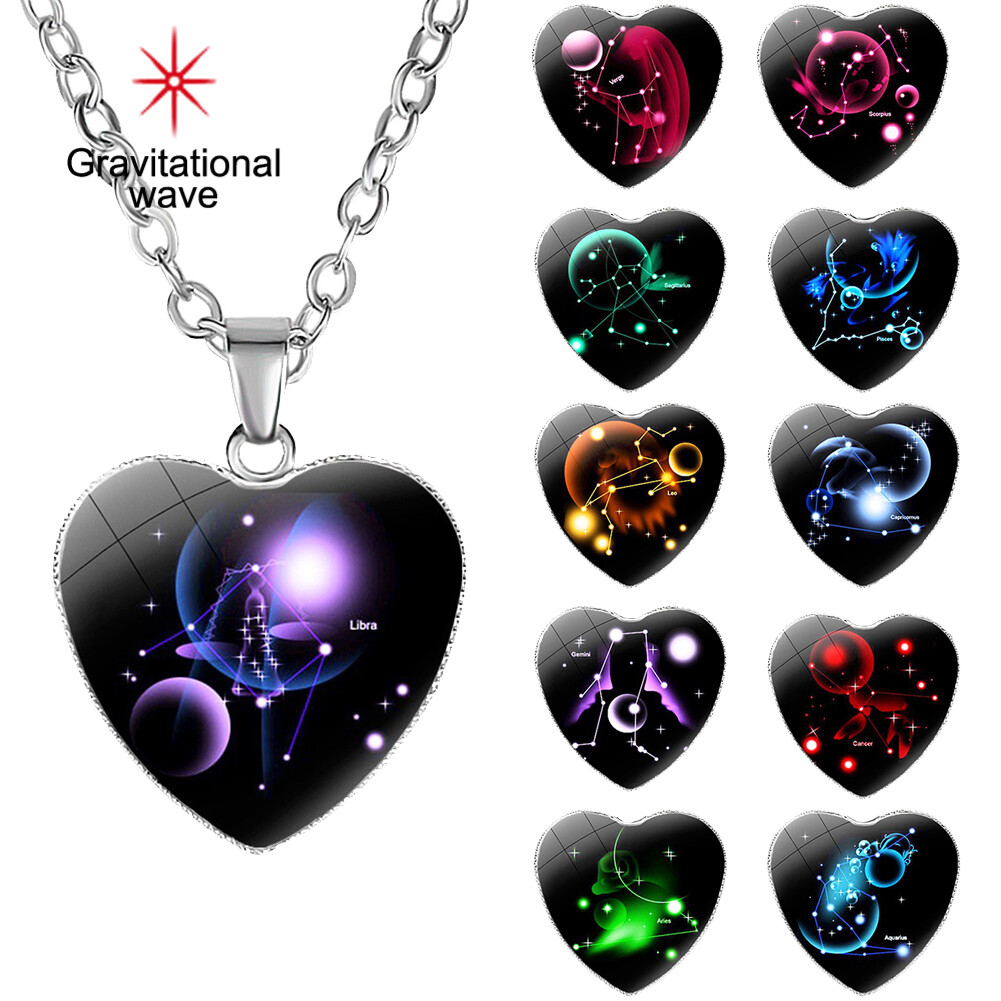 Gravitational wave Love Heart Necklace Fashion Charming Glass 12 Zodiac Constellations Sign Pendant for Women