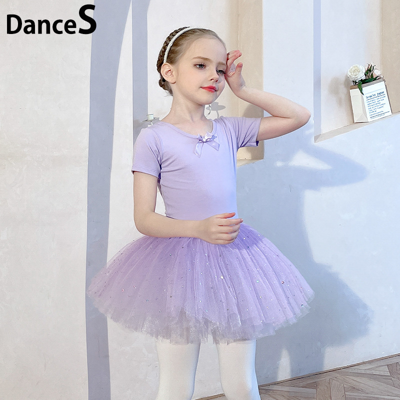 Girls' purple tutu dance dress short-sleeved sequined gauze dress ...