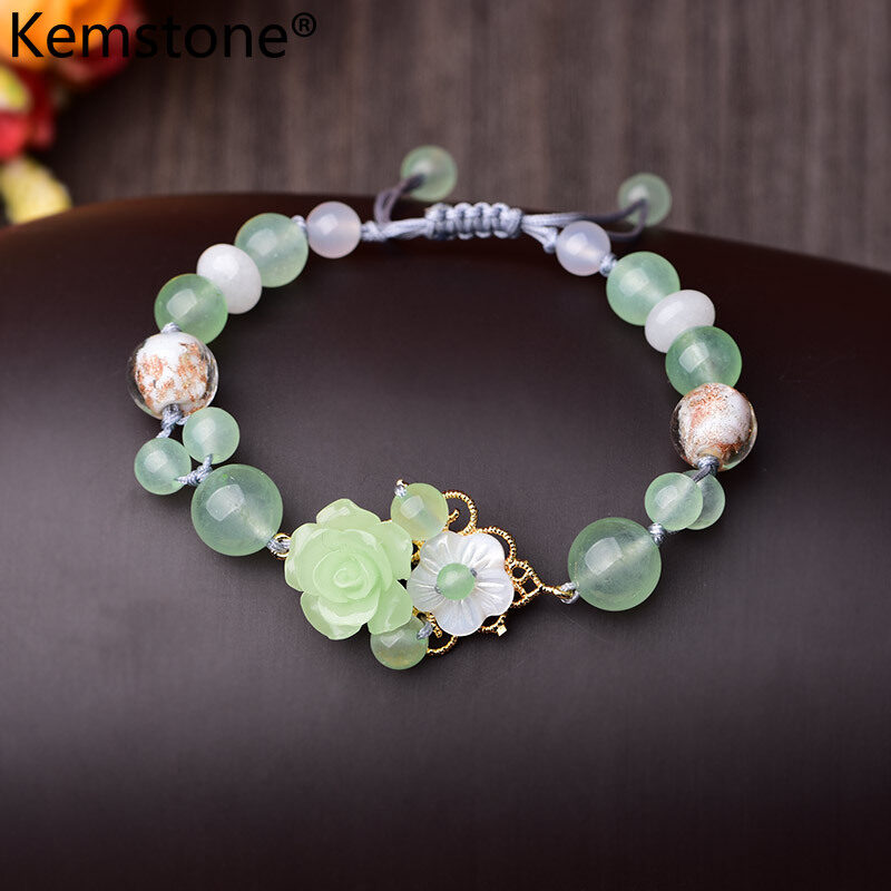 Kemstone Enthic Style Woven Rope Light Green Flower Beads Bracelet Jewelry Gift for Women Girls