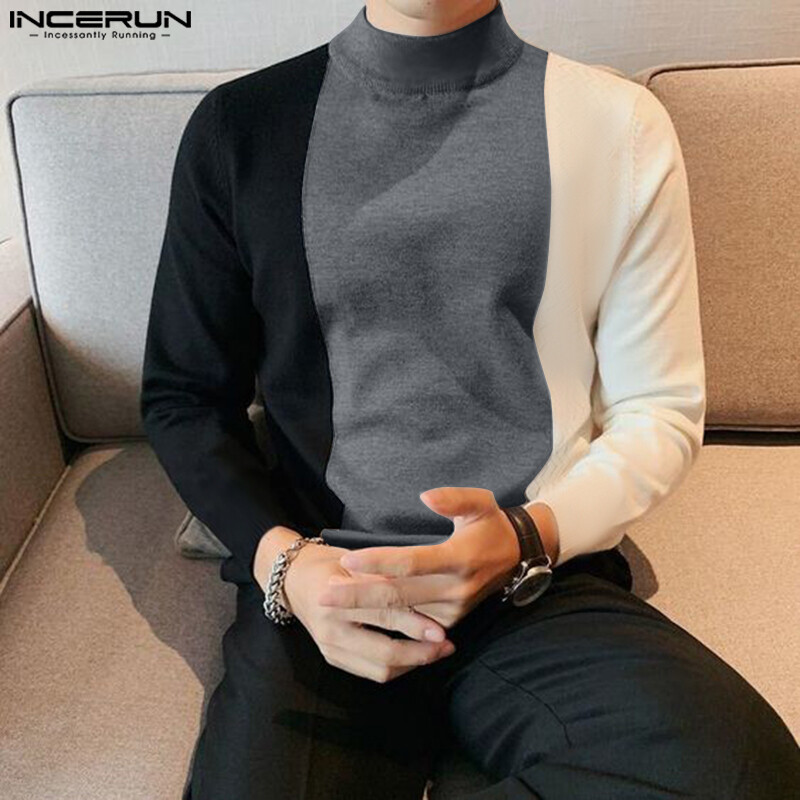 INCERUN Mens Warm Long Sleeve Mock Neck Patchwork Shirts Casual Pullover Tops Blouse (Korean Style)