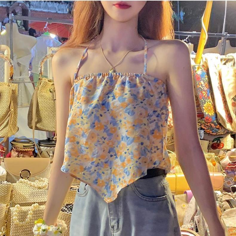 IELGY women's floral camisole wear sexy sleeveless halter short top